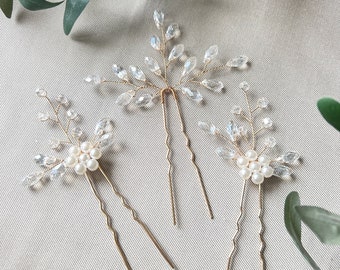 Braut Haarschmuck Set 3 Stück Haarspange gold und silber, weiße Perlen Haarnadeln Brautschmuck Hochzeitsschmuck Brautjungfer Blumen Hochzeit