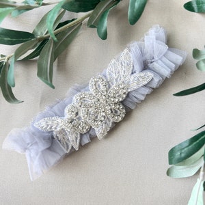 Garter tulle with silver beads, gray with slight blue/purple stitch, bridal accessory, wedding floral