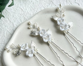 Hair clip set 3 pieces bridal silver with white pearls flowers leaves bridal jewelry bridal hair accessories bridesmaids hairpin wedding jewelry
