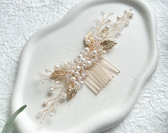Bridal hair accessories, gold, hair comb, white and transparent pearls, wedding jewelry, golden leaves, high-quality bridal hair accessories