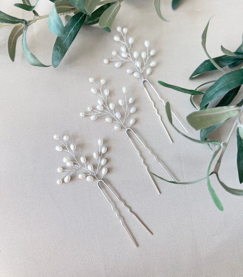 Bridal hair accessories set of 3 silver hair clips with white pearls hairpins bridal jewelry wedding jewelry bridesmaid maid of honor wedding image 5