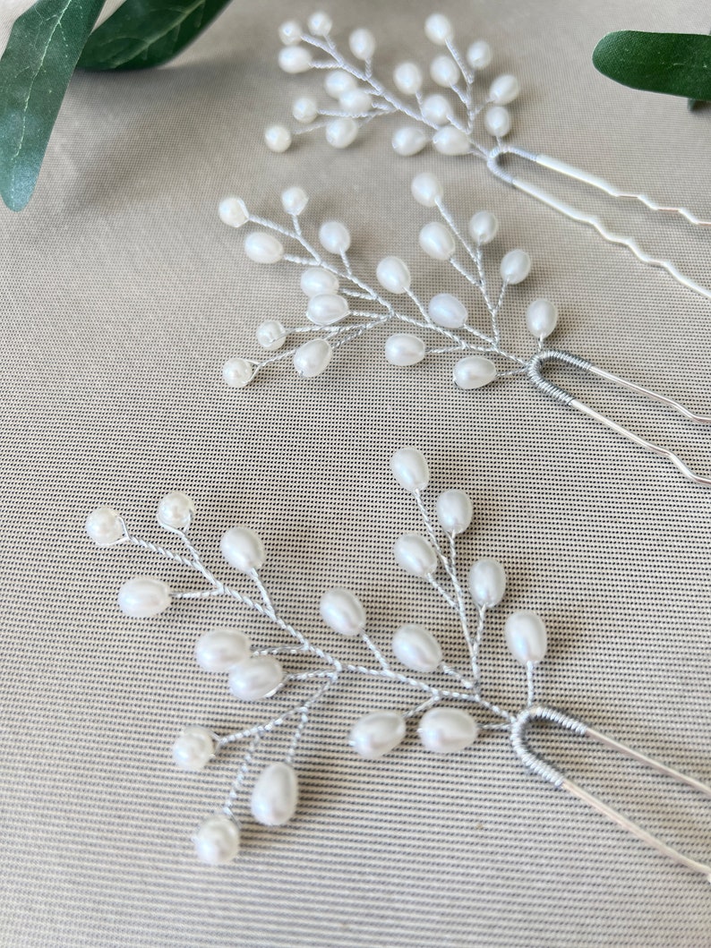 Bridal hair accessories set of 3 silver hair clips with white pearls hairpins bridal jewelry wedding jewelry bridesmaid maid of honor wedding image 3