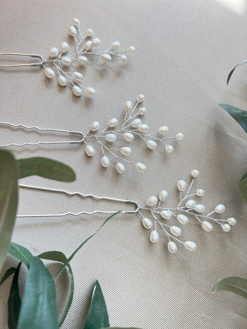 Bridal hair accessories set of 3 silver hair clips with white pearls hairpins bridal jewelry wedding jewelry bridesmaid maid of honor wedding image 7