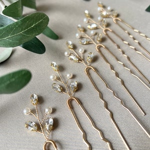 Haarnadel Set, Gold, Strasssteine, weiße Perlen und Juwelierdraht, Haarschmuck, Hochzeit Schmuck, Brautschmuck, Brauthaarschmuck, Haarspange