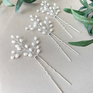 Bridal hair accessories set of 3 silver hair clips with white pearls hairpins bridal jewelry wedding jewelry bridesmaid maid of honor wedding image 4