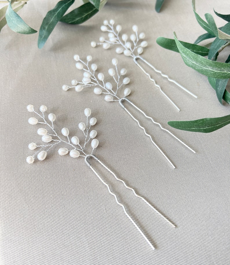 Bridal hair accessories set of 3 silver hair clips with white pearls hairpins bridal jewelry wedding jewelry bridesmaid maid of honor wedding image 4