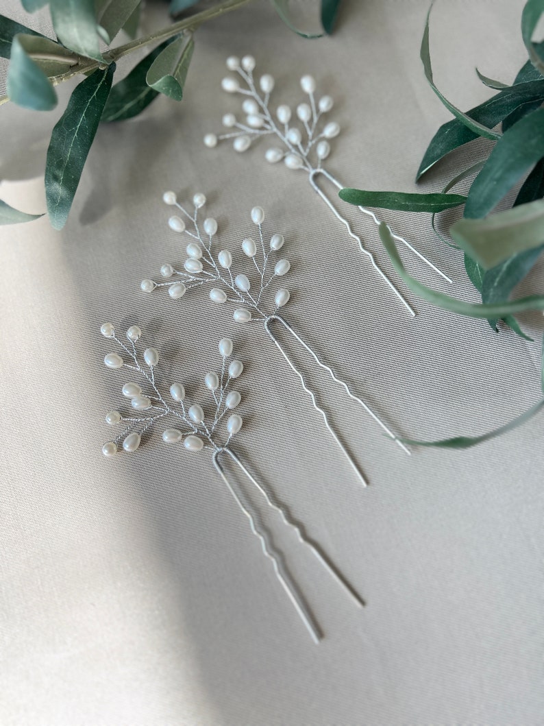 Bridal hair accessories set of 3 silver hair clips with white pearls hairpins bridal jewelry wedding jewelry bridesmaid maid of honor wedding image 9