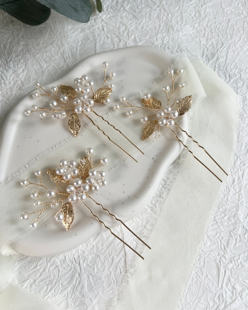 Bridal hair accessories, set of 3, hair clips, gold and white, pearls, leaves, high quality bridal hair jewelry, jewelry hairpins, bridesmaid image 7