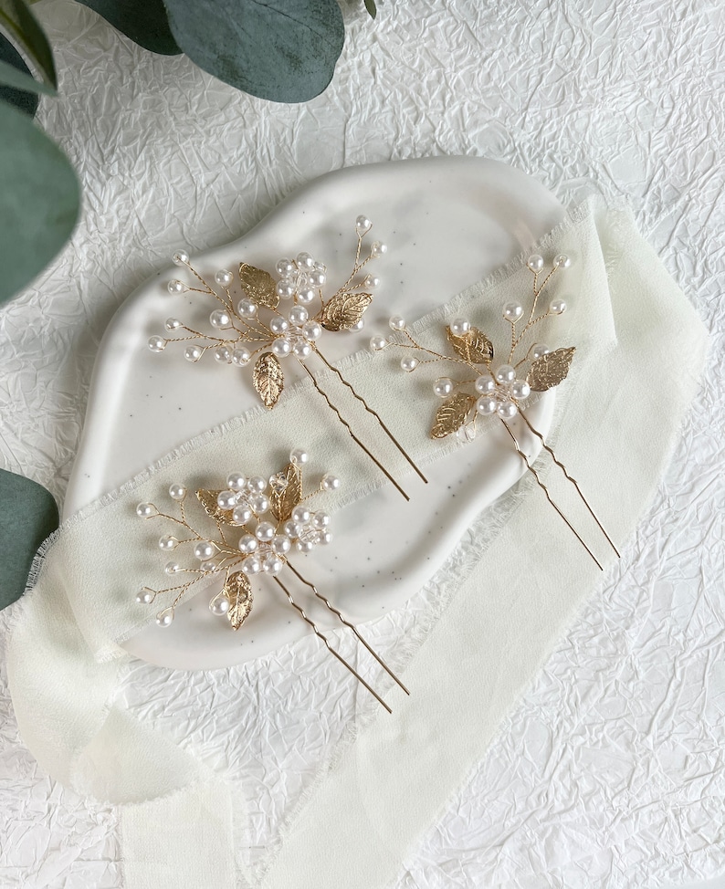 Bridal hair accessories, set of 3, hair clips, gold and white, pearls, leaves, high quality bridal hair jewelry, jewelry hairpins, bridesmaid image 1