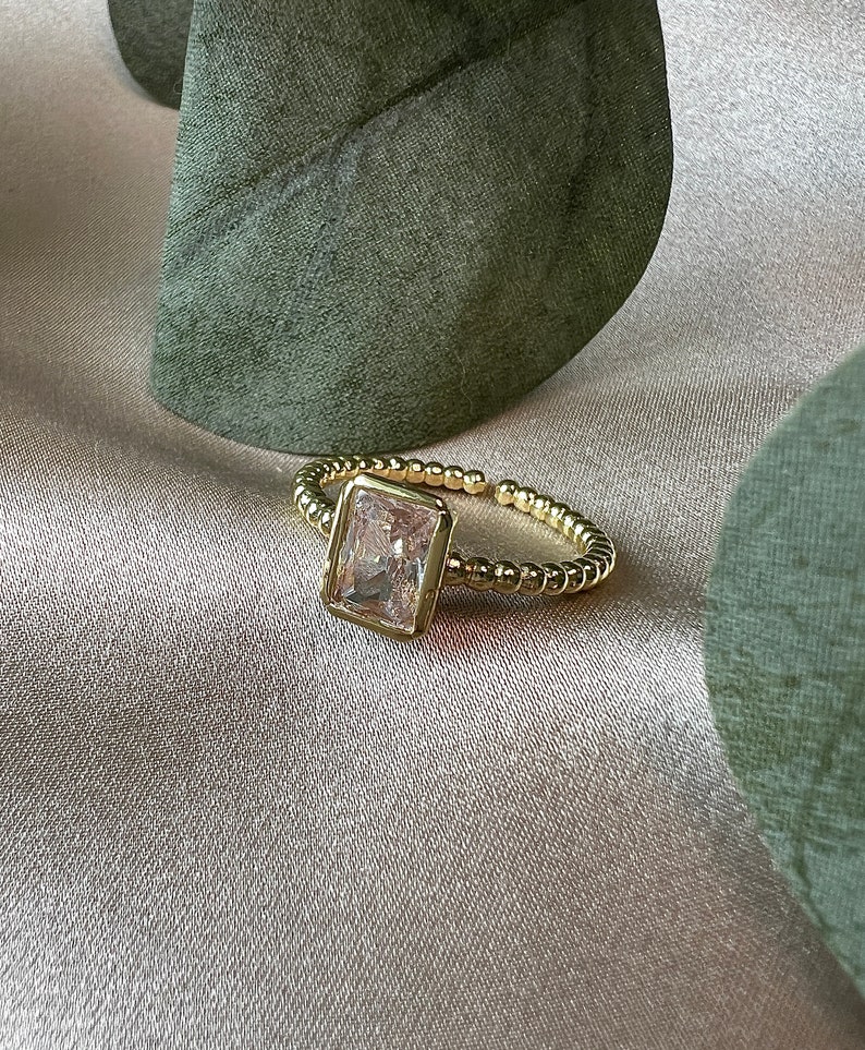 Ring Gold, rechteckiger Cubic Zirconia Stein, Edelstahl, offen verstellbar in der Größe, Schmuck Frauen, Fingerschmuck, Damenschmuck