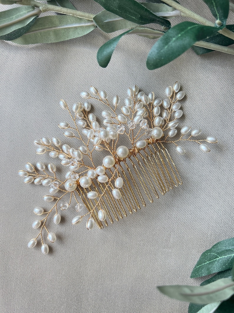 Bridal hair accessories, pearl hair comb, gold, silver, wedding, high-quality bridal hair jewelry, bridal hairstyle, headpiece, bridal jewelry image 1