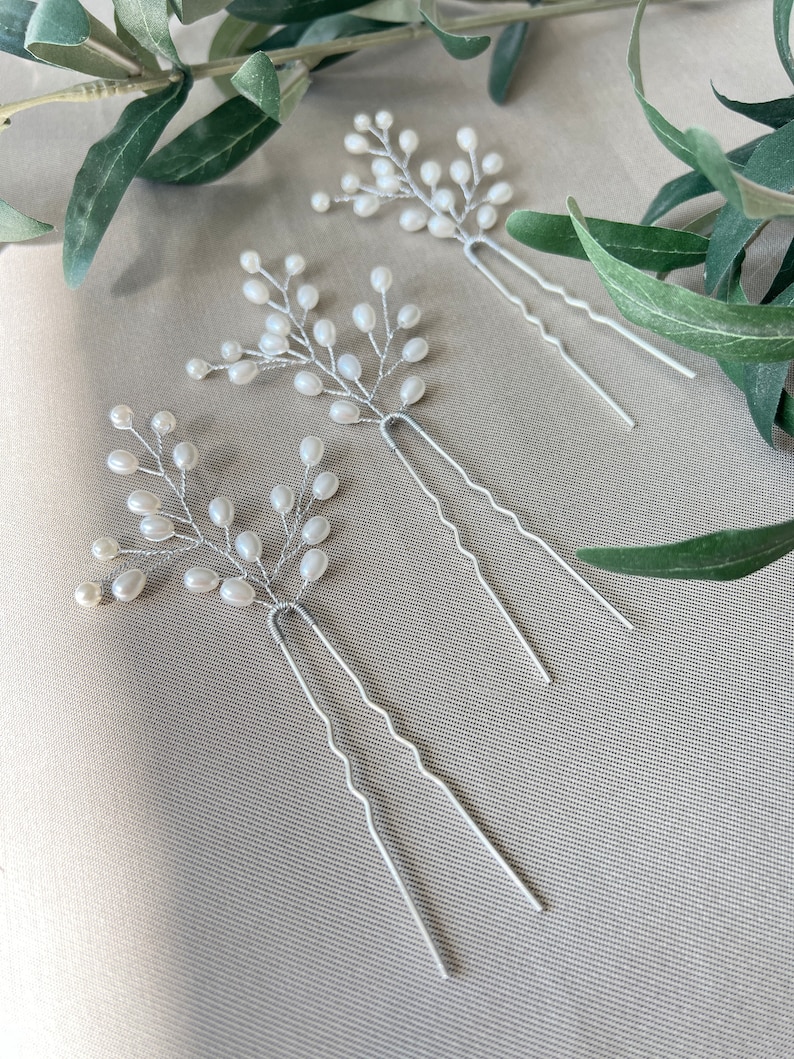 Bridal hair accessories set of 3 silver hair clips with white pearls hairpins bridal jewelry wedding jewelry bridesmaid maid of honor wedding image 6