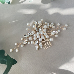 Accessori per capelli da sposa, pettini per capelli, perle e strass, oro, bianco, matrimonio, gioielli per capelli da sposa di alta qualità, gioielli da damigella d'onore, damigella d'onore immagine 7