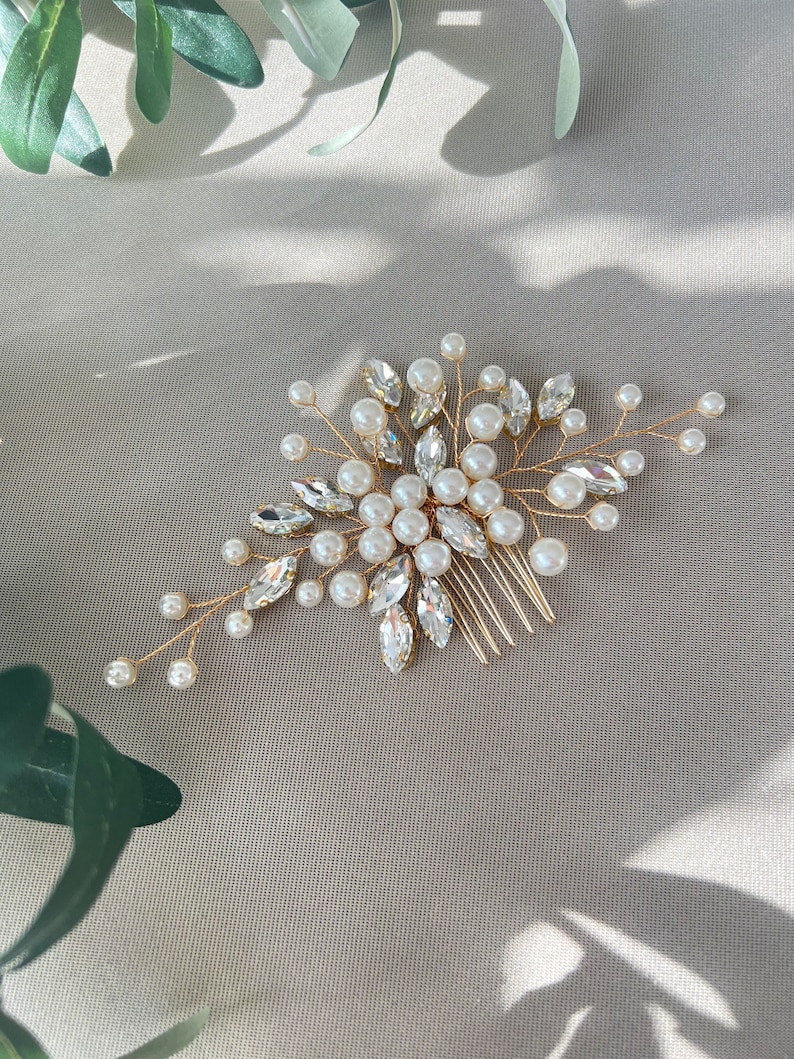 Accessori per capelli da sposa, pettini per capelli, perle e strass, oro, bianco, matrimonio, gioielli per capelli da sposa di alta qualità, gioielli da damigella d'onore, damigella d'onore immagine 7