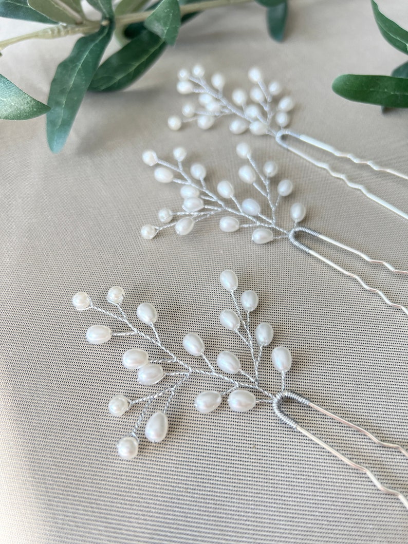 Bridal hair accessories set of 3 silver hair clips with white pearls hairpins bridal jewelry wedding jewelry bridesmaid maid of honor wedding image 2