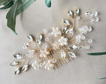 Bridal hair comb, gold, flowers, pearls and rhinestones, gold hair accessories, wedding, jewelry bride, bridal jewelry, headpiece