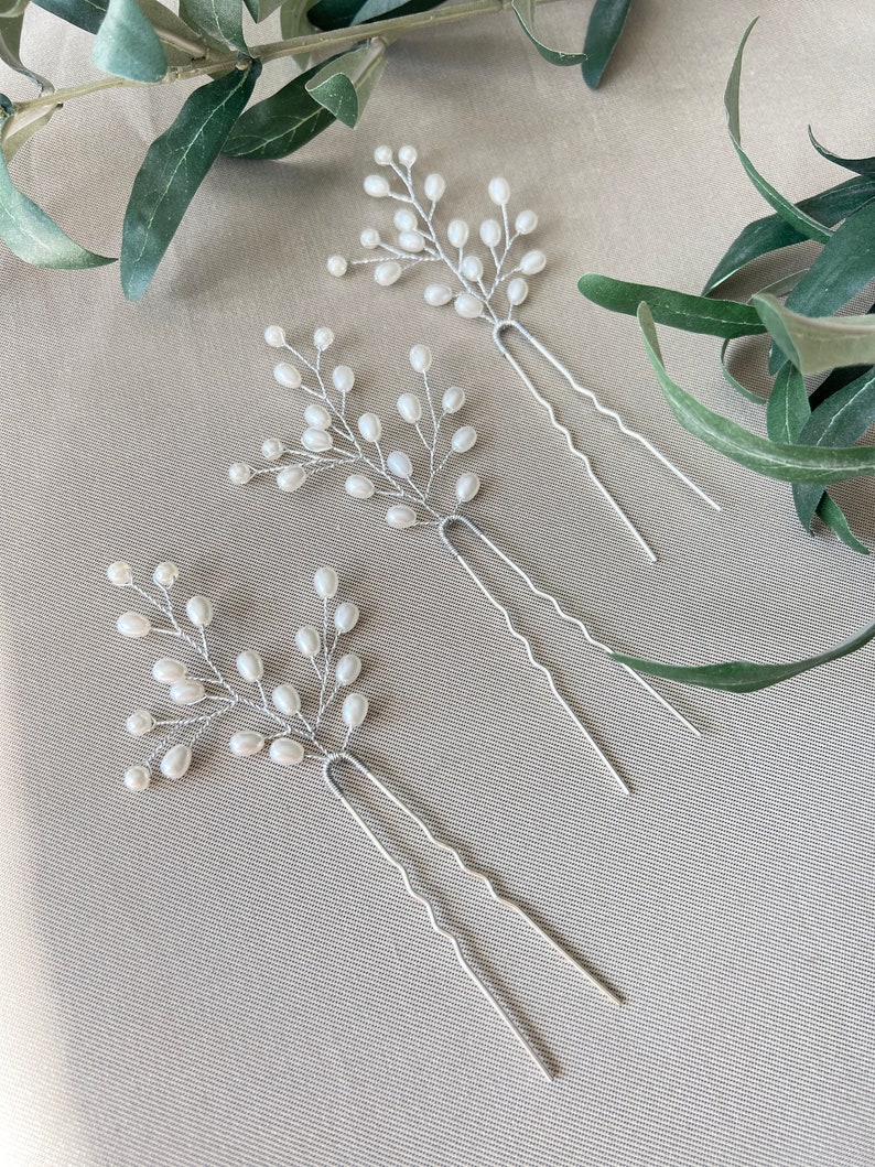 Bridal hair accessories set of 3 silver hair clips with white pearls hairpins bridal jewelry wedding jewelry bridesmaid maid of honor wedding image 8