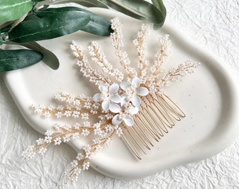 Accessori per capelli da sposa, pettine per capelli, perle e fiori pregiati, oro / oro rosa, bianco, matrimonio, gioielli floreali per capelli da sposa di alta qualità, gioielli per capelli