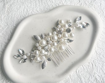 Bridal hair accessories, pearl hair comb, silver, white pearls, rhinestones, wedding jewelry, high-quality bridal hair accessories, pearl jewelry