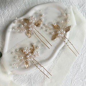 Bridal hair accessories, set of 3, hair clips, gold and white, pearls, leaves, high quality bridal hair jewelry, jewelry hairpins, bridesmaid image 8