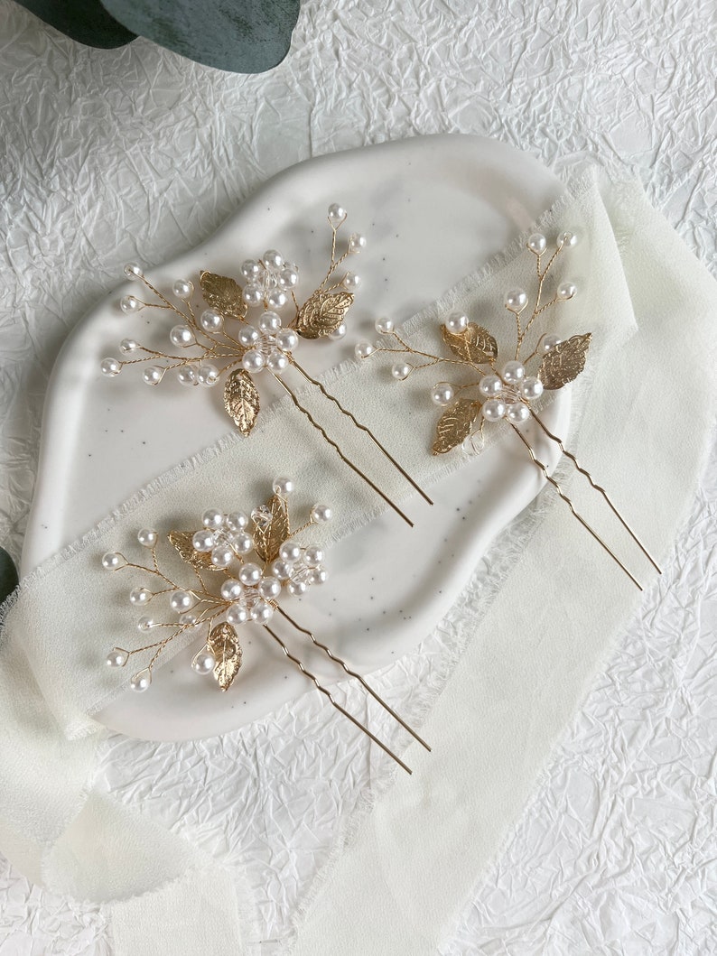 Bridal hair accessories, set of 3, hair clips, gold and white, pearls, leaves, high quality bridal hair jewelry, jewelry hairpins, bridesmaid image 8