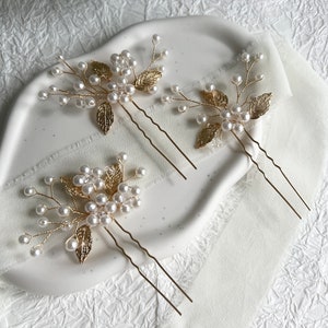 Bridal hair accessories, set of 3, hair clips, gold and white, pearls, leaves, high quality bridal hair jewelry, jewelry hairpins, bridesmaid image 9