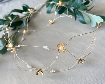 Bridal hair accessories, gold with pearls, golden flowers, vintage wedding, bridal jewelry, wedding hair band, hair wreath, hair vine, hair vine