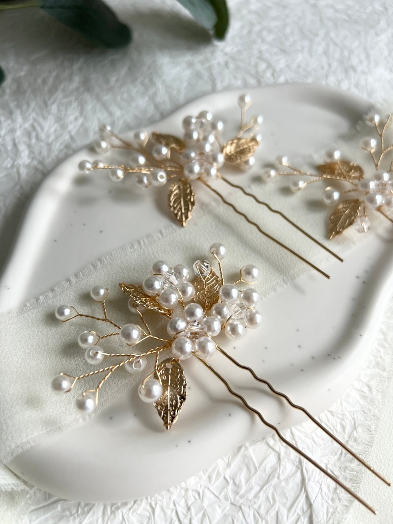 Bridal hair accessories, set of 3, hair clips, gold and white, pearls, leaves, high quality bridal hair jewelry, jewelry hairpins, bridesmaid image 6