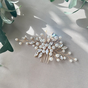 Accessori per capelli da sposa, pettini per capelli, perle e strass, oro, bianco, matrimonio, gioielli per capelli da sposa di alta qualità, gioielli da damigella d'onore, damigella d'onore immagine 3