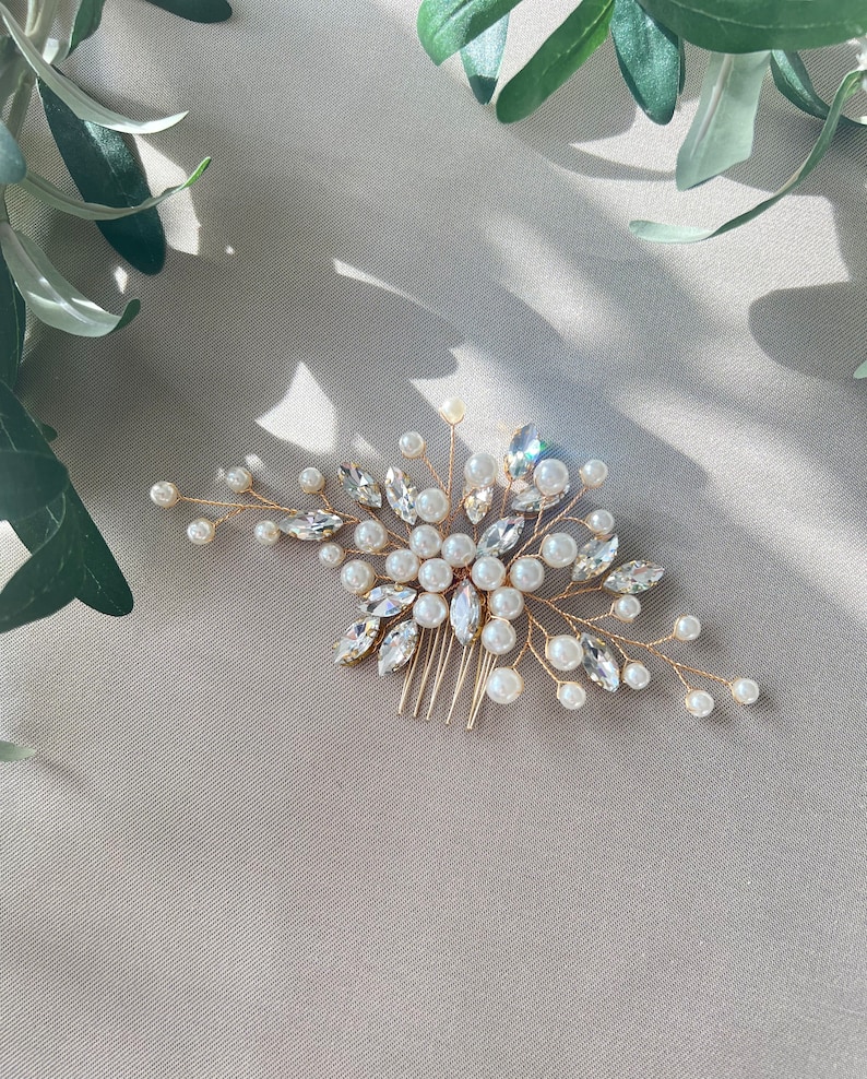 Accessori per capelli da sposa, pettini per capelli, perle e strass, oro, bianco, matrimonio, gioielli per capelli da sposa di alta qualità, gioielli da damigella d'onore, damigella d'onore immagine 3