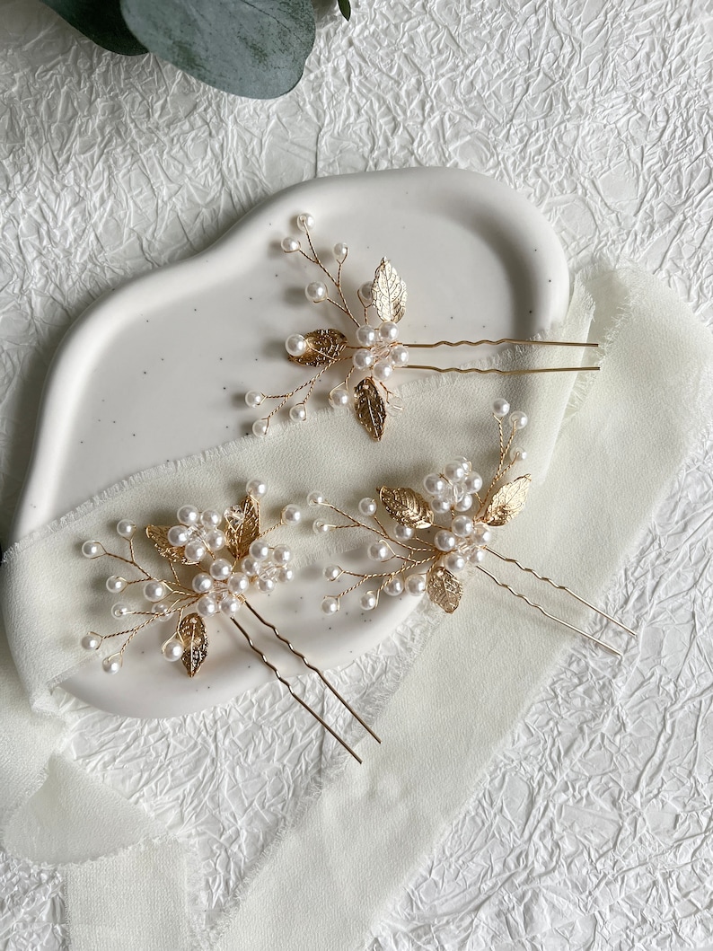 Bridal hair accessories, set of 3, hair clips, gold and white, pearls, leaves, high quality bridal hair jewelry, jewelry hairpins, bridesmaid image 10