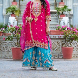 Pakistani Designer Georgette fully embroidered Sequence Work Readymade Sharara Palazzo Stitched Wedding Wear Suits