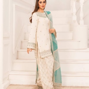 Pakistani Designer Georgette fully embroidered Sequence Work Readymade Sharara Palazzo Stitched Wedding Wear Suits