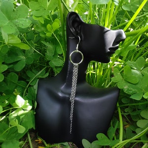 May include: Silver dangle earrings with a small circle at the top and a long chain hanging down. The earrings are displayed on a black mannequin head against a green leafy background.