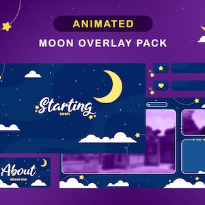 Mond Twitch Overlay Pack • Minimales Moon Streamer Paket • Overlay, Übergang, Warnungen, Panels, Webkamera, Szenen, OBS