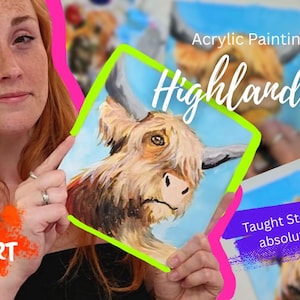 May include: An acrylic painting of a Highland cow with long, light brown fur and curved horns against a blue background. The image includes the text: Acrylic Painting Tutorial Highland Cow! Taught Step-By-Step for absolute beginners! LIQUID ART.