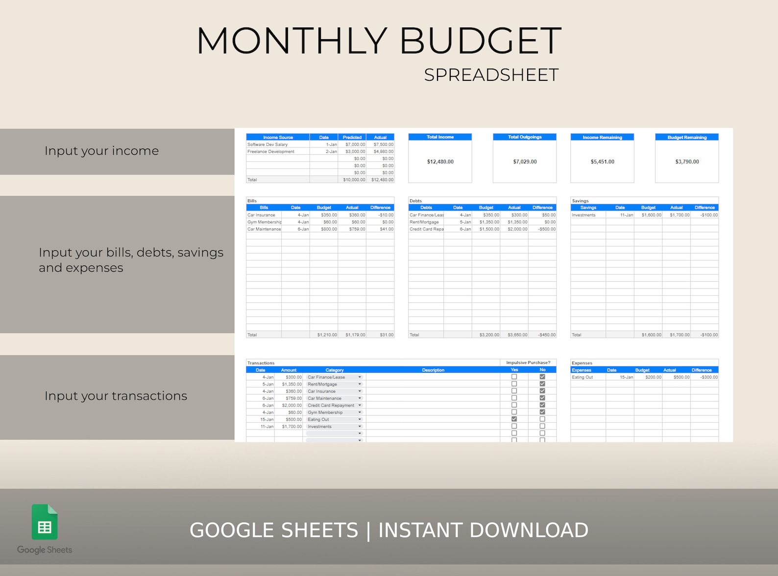Monthly Budget Spreadsheet Template for Google Sheets Savings Budget