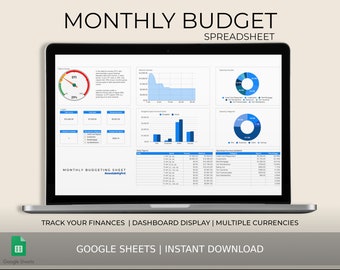 May include: A laptop screen displaying a Google Sheets spreadsheet with a monthly budget template. The spreadsheet includes charts and graphs to track spending and income. The text "MONTHLY BUDGETING SHEET" is visible in the lower left corner of the screen.