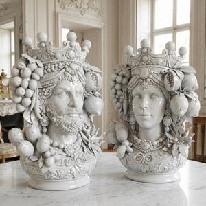 May include: Two white ceramic busts, a male and a female, decorated with crowns and fruit. The male bust has a beard and the female bust has a necklace. Both are highly detailed and sit on a marble surface.