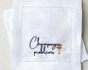 Champagne Problems Embroidered Linen Cocktail Napkins (Set of 4) | Bachelorette Gift | Disco | Vices | Swiftie | Gold | Custom Embroidery