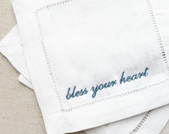 Bless Your Heart | Embroidered Cocktail Napkins (Set of 4) | Southern Sayings Napkins | Housewarming Gift | Linen Napkins