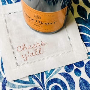 Cheers Y'all Embroidered Linen Cocktail Napkins (Set of 4) | Southern Life | Bachelorette | Preppy | Home Style | Custom Embroidery