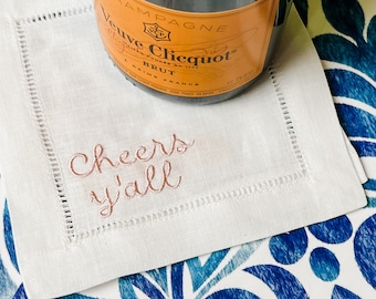 Cheers Y'all Embroidered Linen Cocktail Napkins (Set of 4) | Southern Life | Bachelorette | Preppy | Home Style | Custom Embroidery