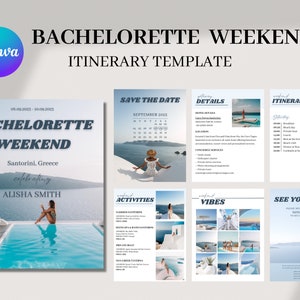 Bachelorette Itinerary Template | Bachelorette Digital Itinerary | Customizable Bridal Template |  Editable Canva Template
