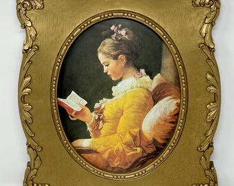 Victorian “A Young Girl Reading” Vintage Print in Ornate Gold Plastic Frame, Rococo Style, French Cottage, Jean-Honoré Fragonard