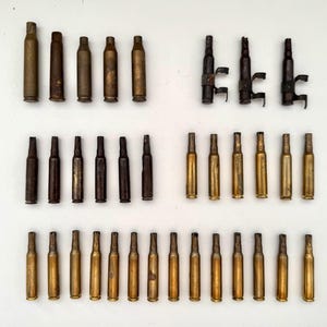 Può includere: Un assortimento di bossoli di proiettili in ottone e metallo scuro, insieme a componenti correlati, è disposto su una superficie bianca. I bossoli mostrano segni di usura e variano per dimensioni e colore. Alcuni componenti hanno clip metalliche.
