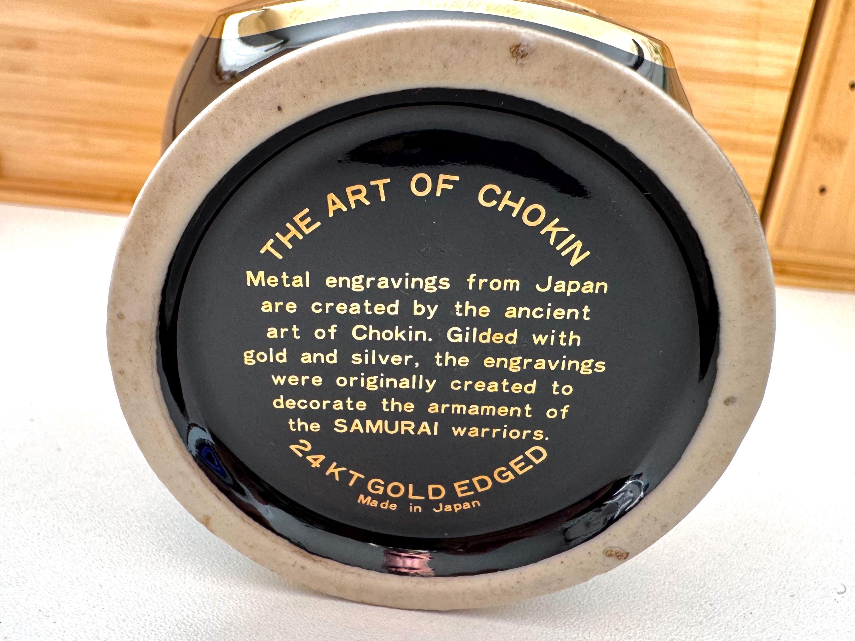 【新品】24K The art of Chokin☆希少▶鬼瓦茶托 5客 年譜付 Vintage Japanese Chokin Art Vase Peacock 24KT Gold Trim Black