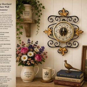 May include: A vintage Shortland Brothers wall barometer with a traditional dial and ornate wrought iron frame. The frame has gold leaf accents. A vase of fresh cut flowers and books are on a wooden shelf.