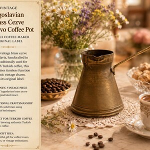 May include: A vintage brass cezve coffee pot, labelled "Sarajevo Coffee Pot." The image shows the pot alongside a cup of coffee, coffee beans, and Turkish delight. The background features flowers in a vase, creating a warm, inviting scene.