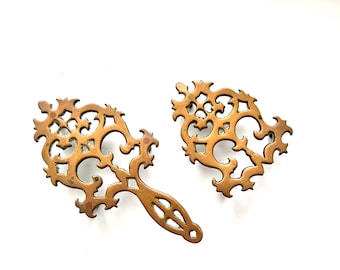 Vintage Brass Trivets Set Ornate Hot Plate Stands Footed Kitchen Decor Patina